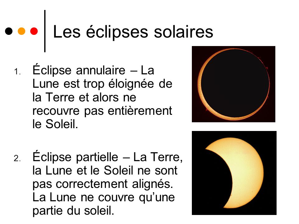 Les éclipses solaires Éclipse annulaire – La Lune est trop éloignée de la Terre et alors ne recouvre pas entièrement le Soleil.