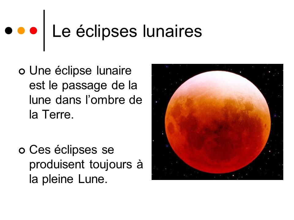 Le éclipses lunaires Une éclipse lunaire est le passage de la lune dans l’ombre de la Terre.