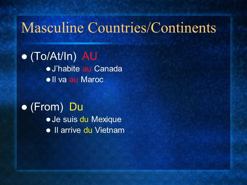 Masculine Countries/Continents