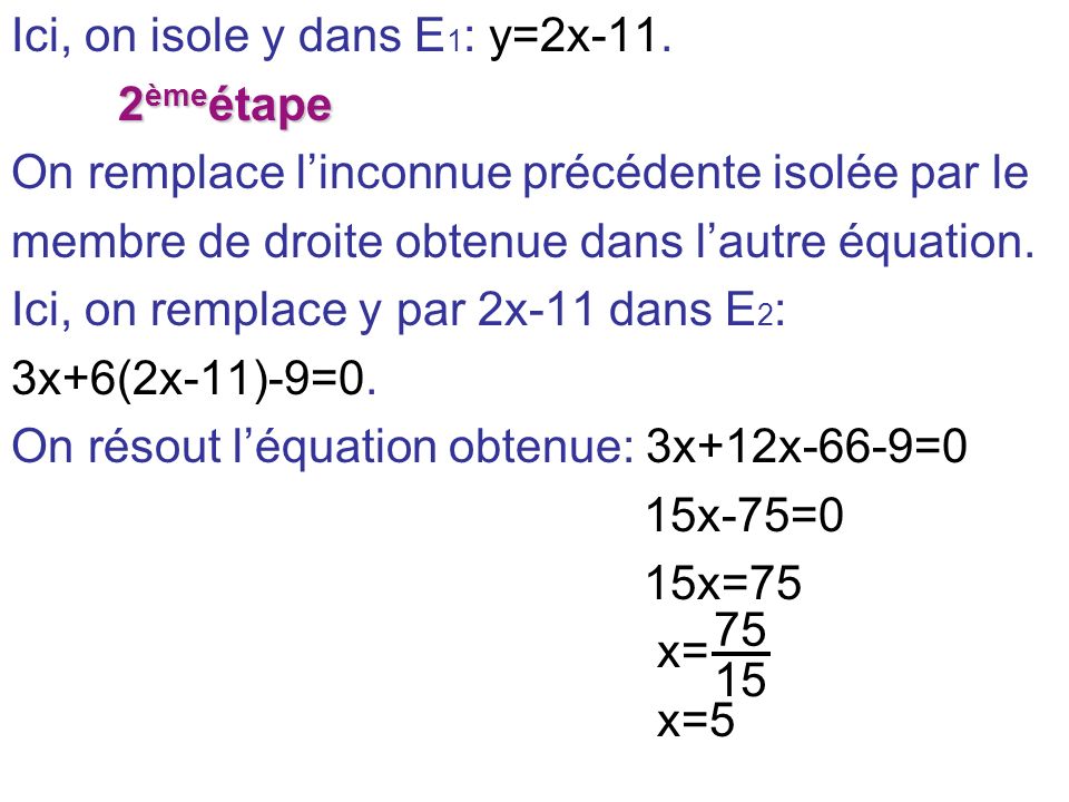 Ici, on isole y dans E1: y=2x-11.