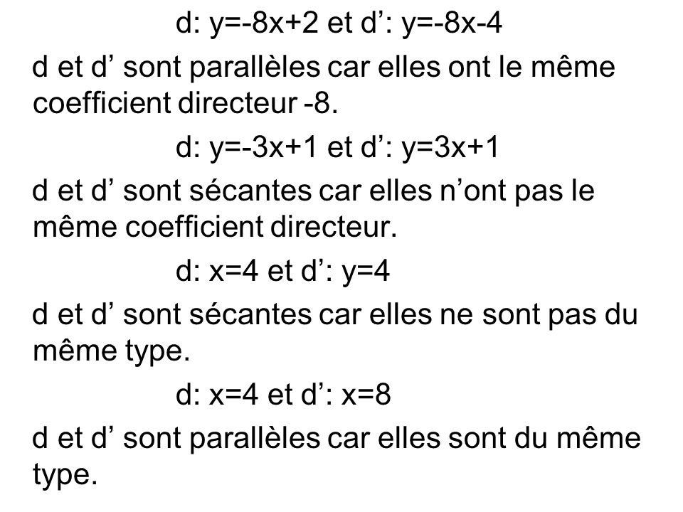 d: y=-8x+2 et d’: y=-8x-4 d et d’ sont parallèles car elles ont le même coefficient directeur -8. d: y=-3x+1 et d’: y=3x+1.