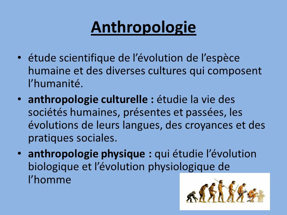 Anthropologie étude scientifique de l’évolution de l’espèce humaine et des diverses cultures qui composent l’humanité.