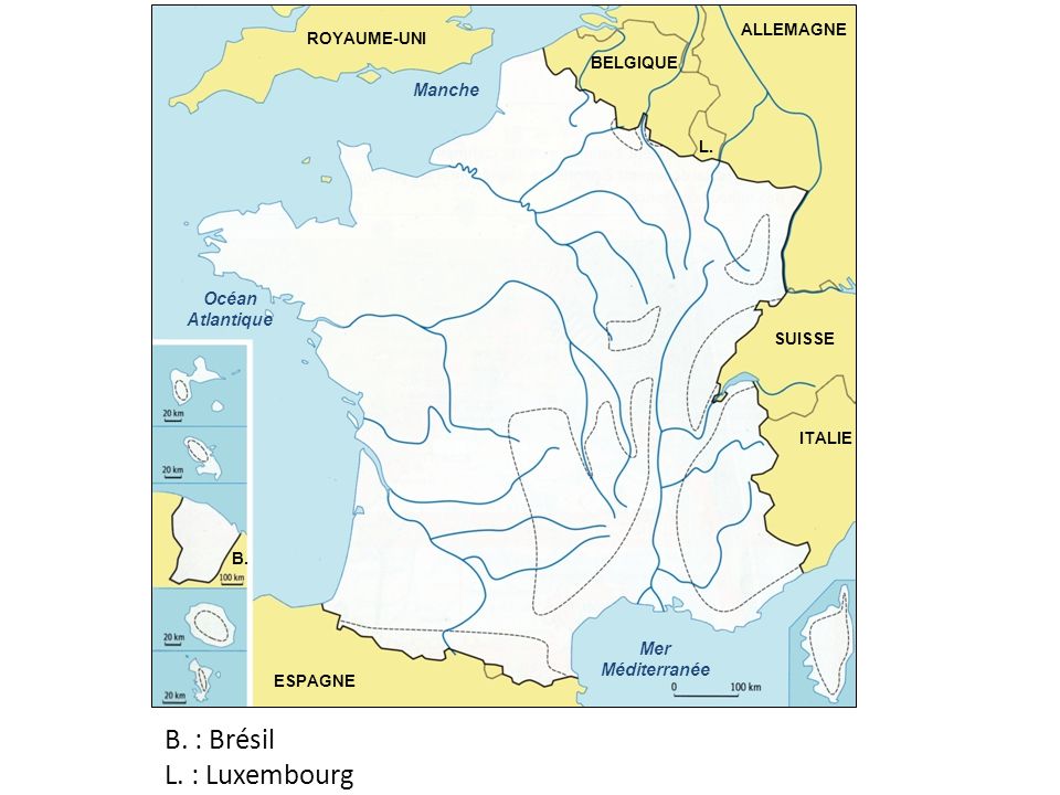B. : Brésil L. : Luxembourg Manche Océan Atlantique Mer Méditerranée