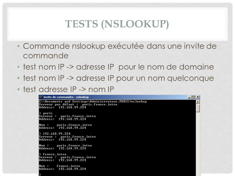 Tests (nslookup) Commande nslookup exécutée dans une invite de commande. test nom IP -> adresse IP pour le nom de domaine.