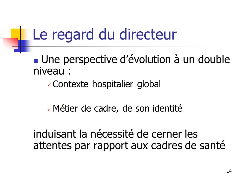 Le regard du directeur Une perspective d’évolution à un double niveau : Contexte hospitalier global.