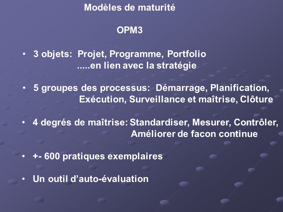 Modèles de maturité OPM3. 3 objets: Projet, Programme, Portfolio en lien avec la stratégie.