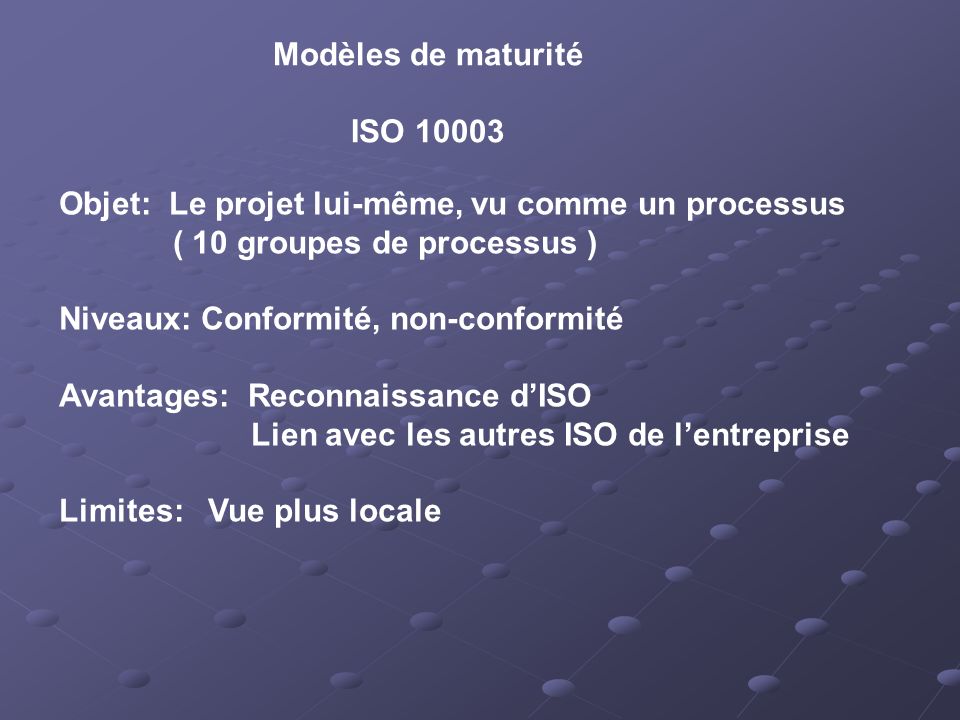 Modèles de maturité ISO Objet: Le projet lui-même, vu comme un processus. ( 10 groupes de processus )