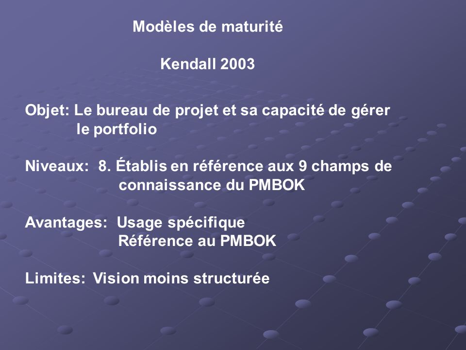 Modèles de maturité Kendall Objet: Le bureau de projet et sa capacité de gérer. le portfolio.