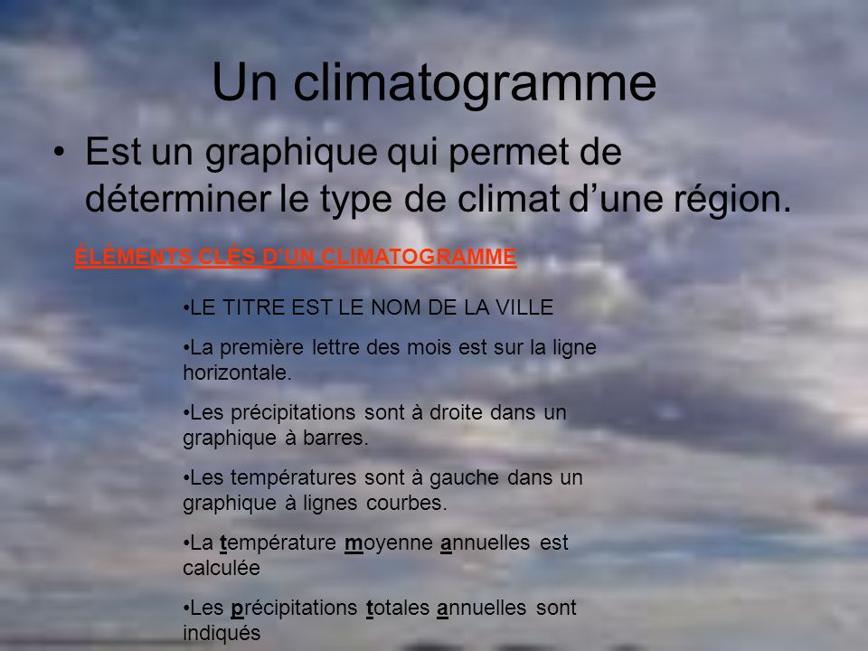 Un climatogramme Est un graphique qui permet de déterminer le type de climat d’une région. ÉLÉMENTS CLÉS D’UN CLIMATOGRAMME.