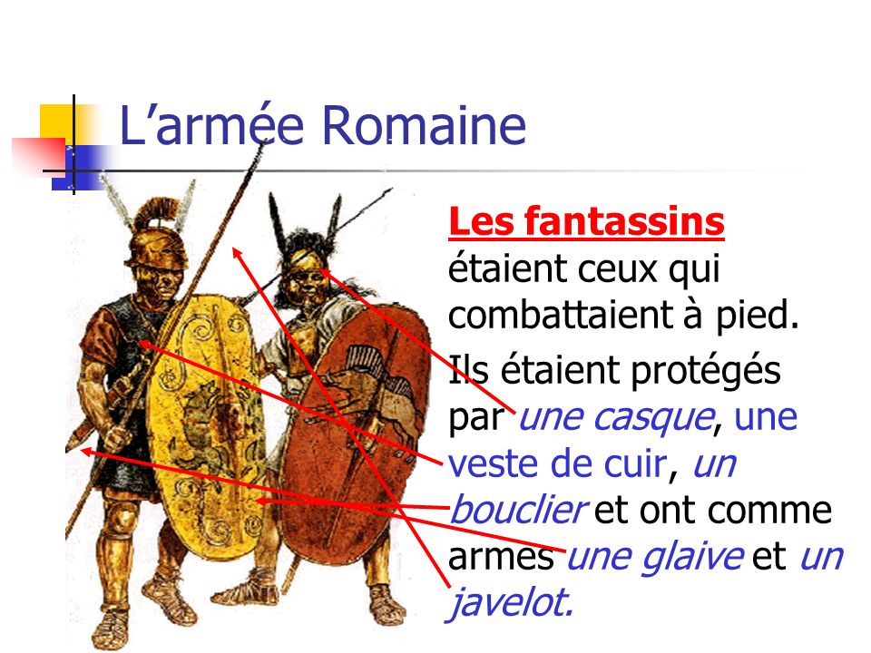 L’armée Romaine Les fantassins étaient ceux qui combattaient à pied.