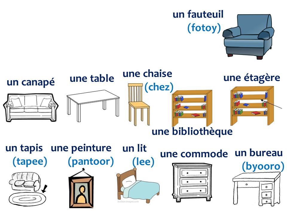 un fauteuil (fotoy) une chaise. (chez) une table. une étagère. un canapé. une bibliothèque. un tapis.