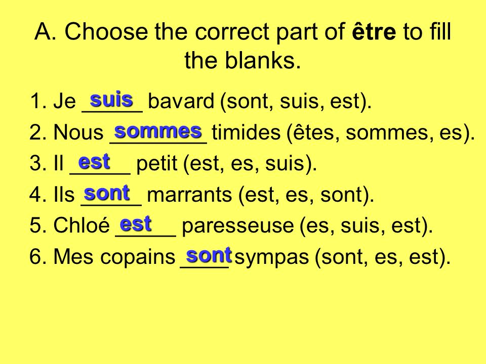 A. Choose the correct part of être to fill the blanks.
