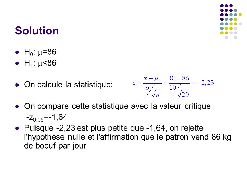 Solution H0: m=86 H1: m<86 On calcule la statistique: