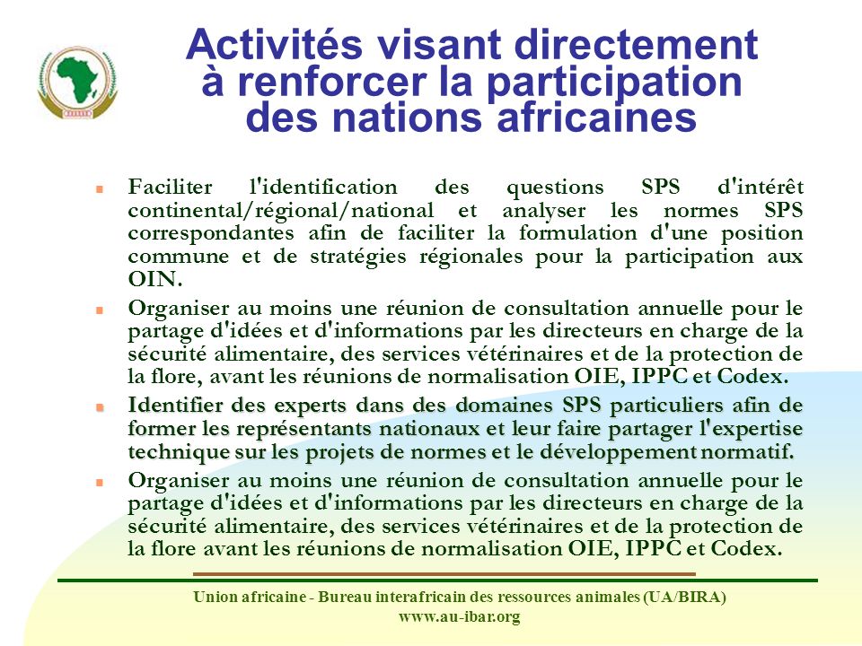 Activités visant directement à renforcer la participation des nations africaines