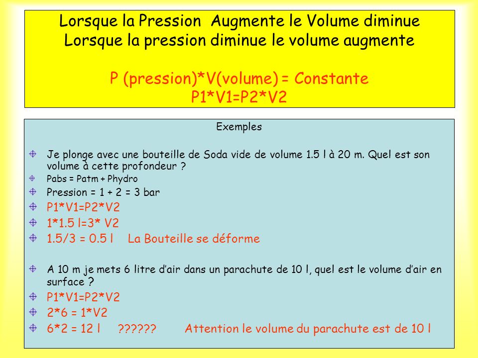 Lorsque la Pression Augmente le Volume diminue Lorsque la pression diminue le volume augmente P (pression)*V(volume) = Constante P1*V1=P2*V2