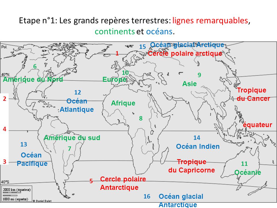 Etape n°1: Les grands repères terrestres: lignes remarquables, continents et océans.