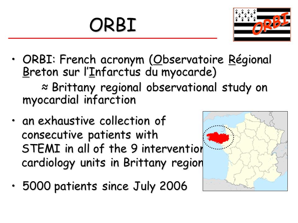 ORBI ORBI. ORBI: French acronym (Observatoire Régional Breton sur l’Infarctus du myocarde)