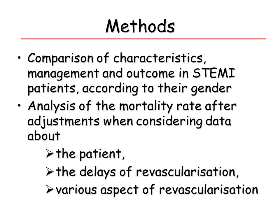 Methods Comparison of characteristics, management and outcome in STEMI patients, according to their gender.