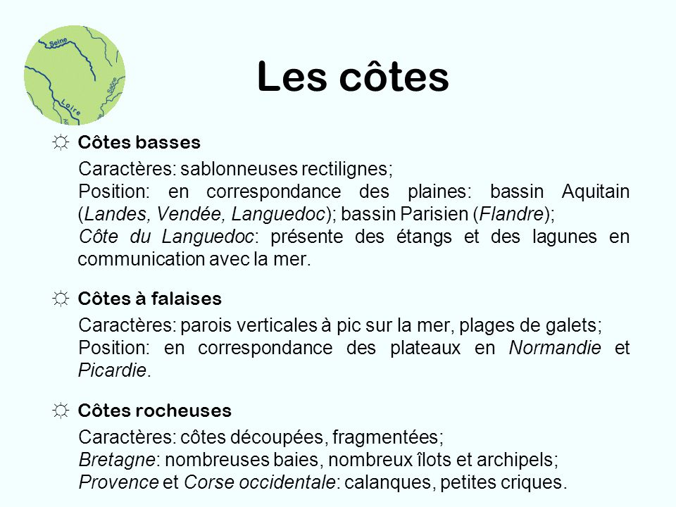 Les côtes Côtes basses Caractères: sablonneuses rectilignes;