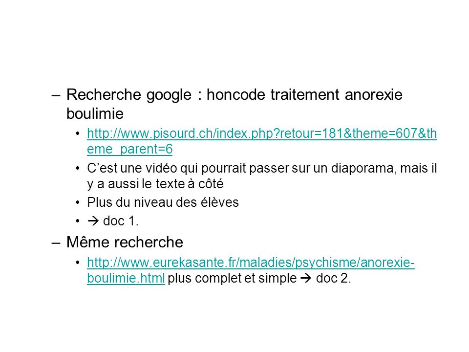 Recherche google : honcode traitement anorexie boulimie