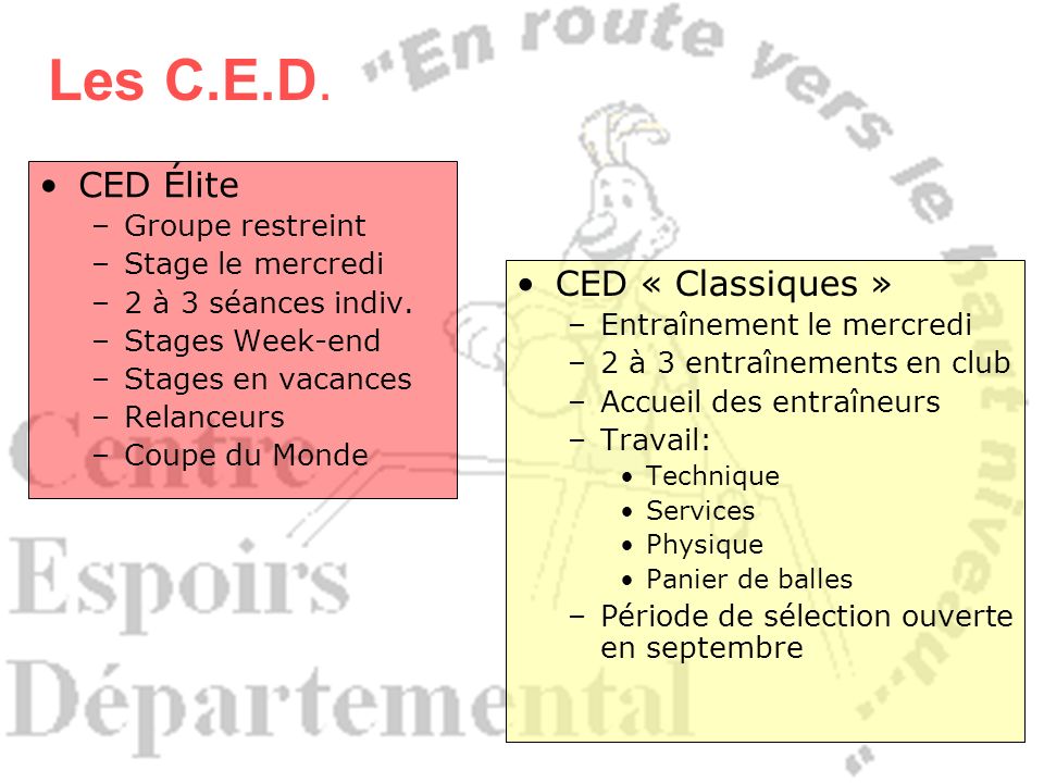Les C.E.D. CED Élite CED « Classiques » Groupe restreint