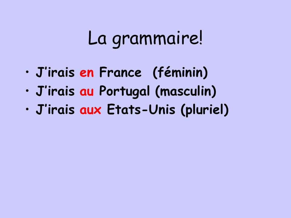 La grammaire! J’irais en France (féminin)