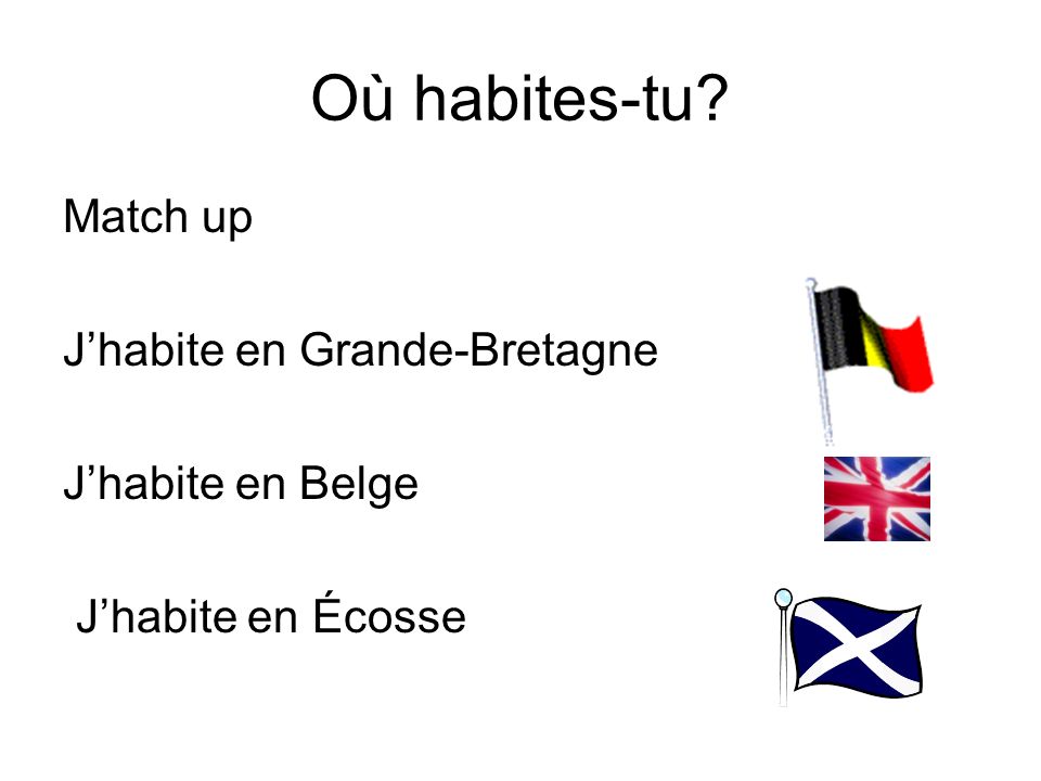Où habites-tu Match up J’habite en Grande-Bretagne J’habite en Belge