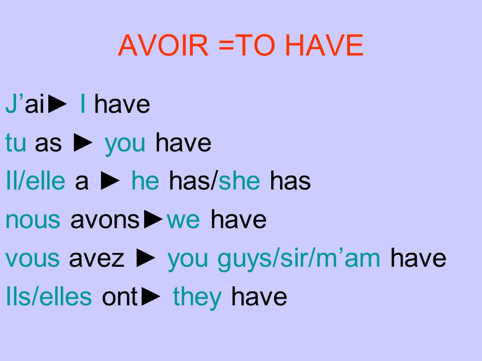 AVOIR =TO HAVE J’ai► I have tu as ► you have