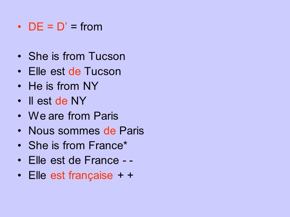 DE = D’ = from She is from Tucson. Elle est de Tucson. He is from NY. Il est de NY. We are from Paris.