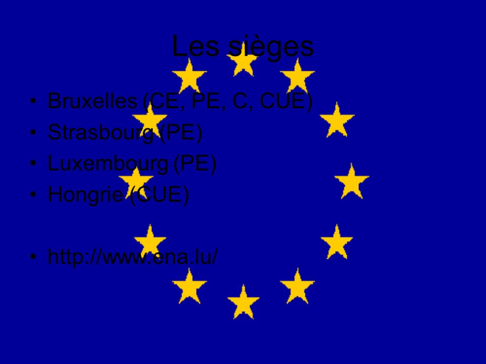 Les sièges Bruxelles (CE, PE, C, CUE) Strasbourg (PE) Luxembourg (PE)