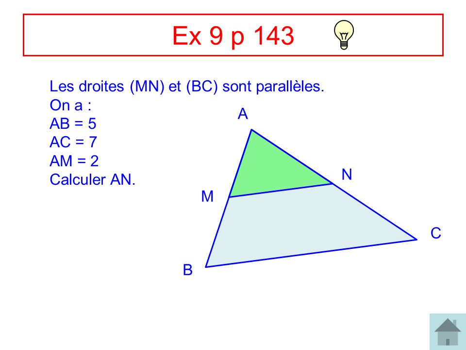 Ex 9 p 143 Les droites (MN) et (BC) sont parallèles. On a : AB = 5