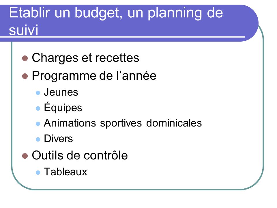 Etablir un budget, un planning de suivi