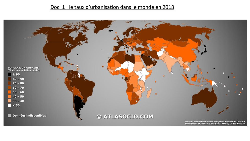 Doc. 1 : le taux d’urbanisation dans le monde en 2018