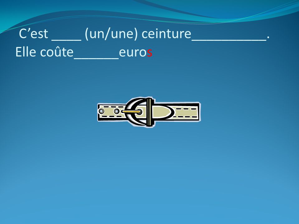 C’est ____ (un/une) ceinture__________. Elle coûte______euros