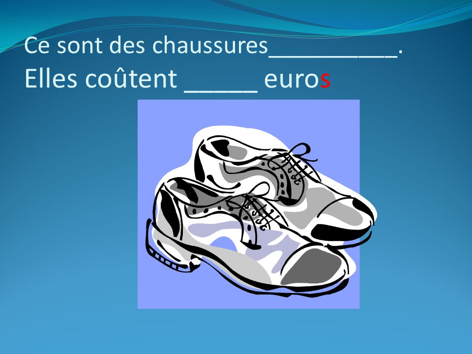 Ce sont des chaussures__________. Elles coûtent _____ euros