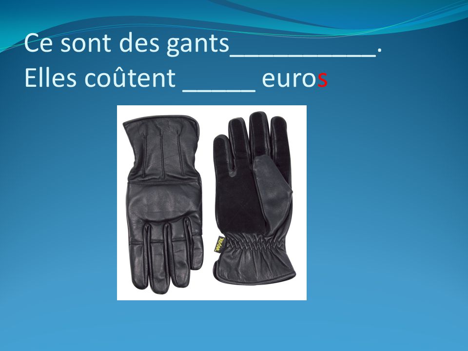Ce sont des gants__________. Elles coûtent _____ euros