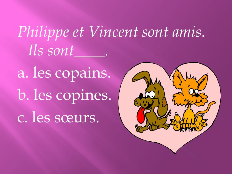 Philippe et Vincent sont amis. Ils sont____. a. les copains. b