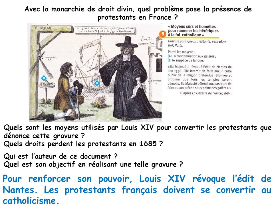 Avec la monarchie de droit divin, quel problème pose la présence de protestants en France