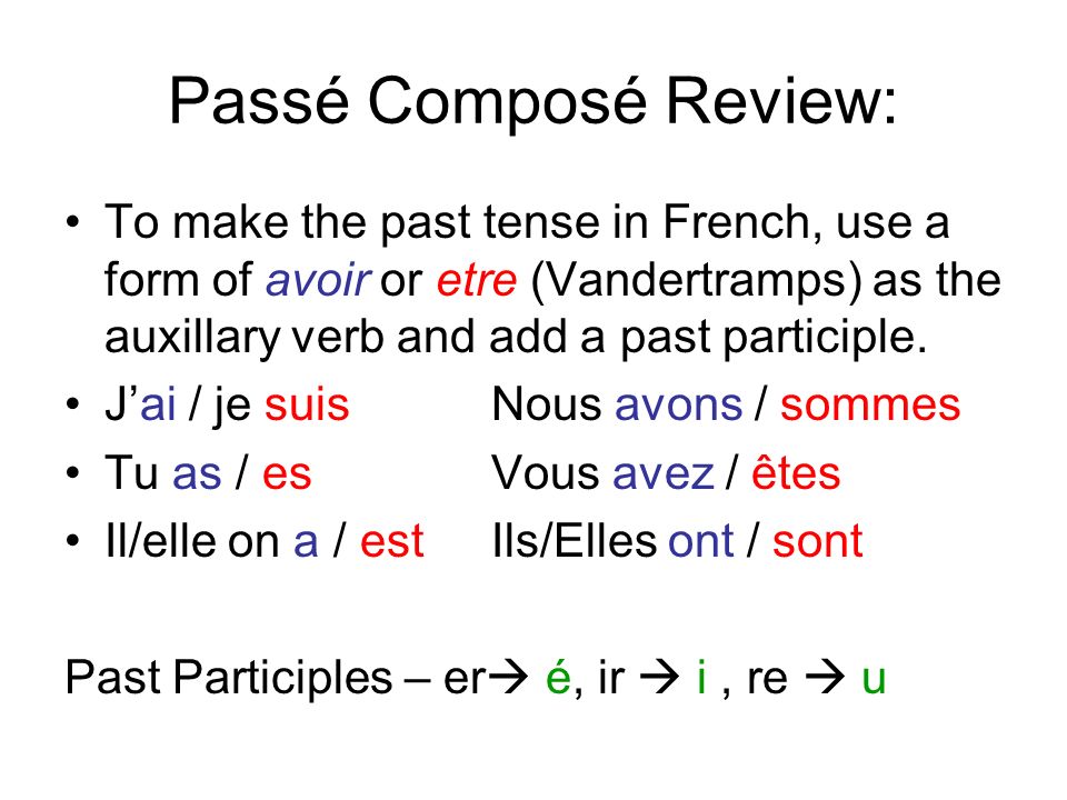 Passé Composé Review: To make the past tense in French, use a form of avoir or etre (Vandertramps) as the auxillary verb and add a past participle.