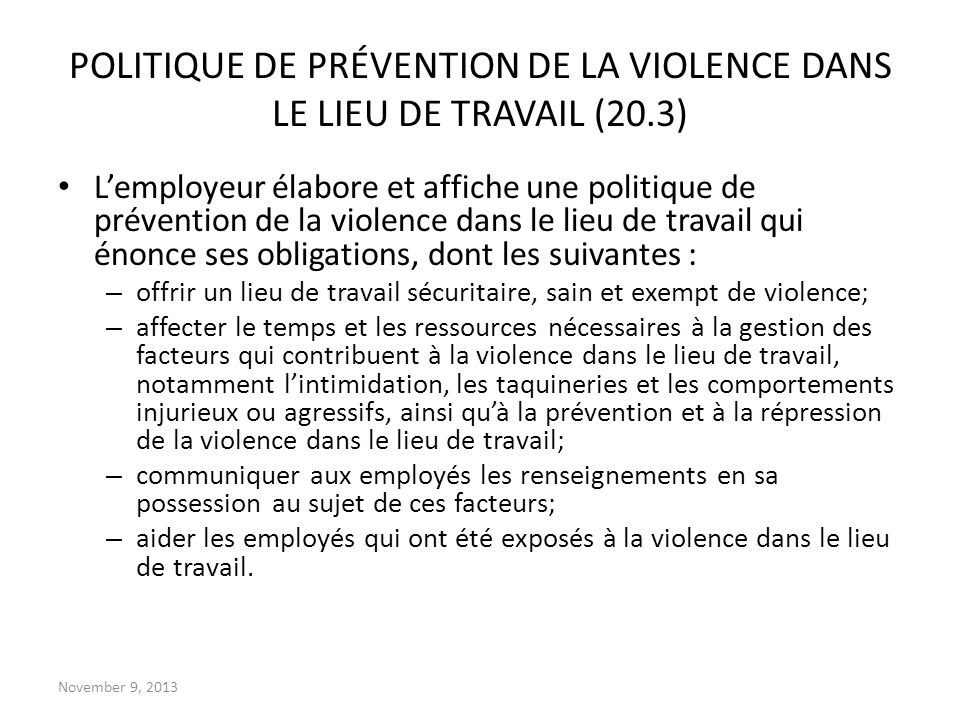POLITIQUE DE PRÉVENTION DE LA VIOLENCE DANS LE LIEU DE TRAVAIL (20.3)