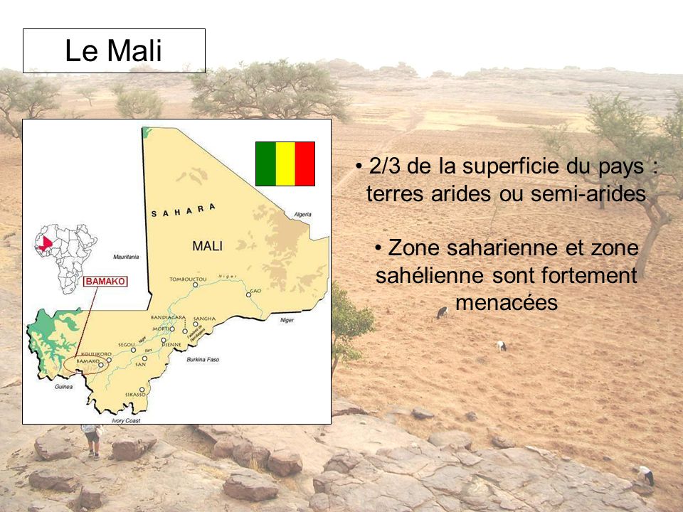 Le Mali 2/3 de la superficie du pays : terres arides ou semi-arides