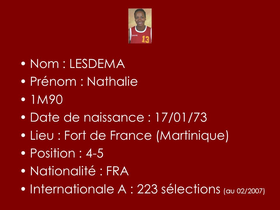 Nom : LESDEMA Prénom : Nathalie. 1M90. Date de naissance : 17/01/73. Lieu : Fort de France (Martinique)