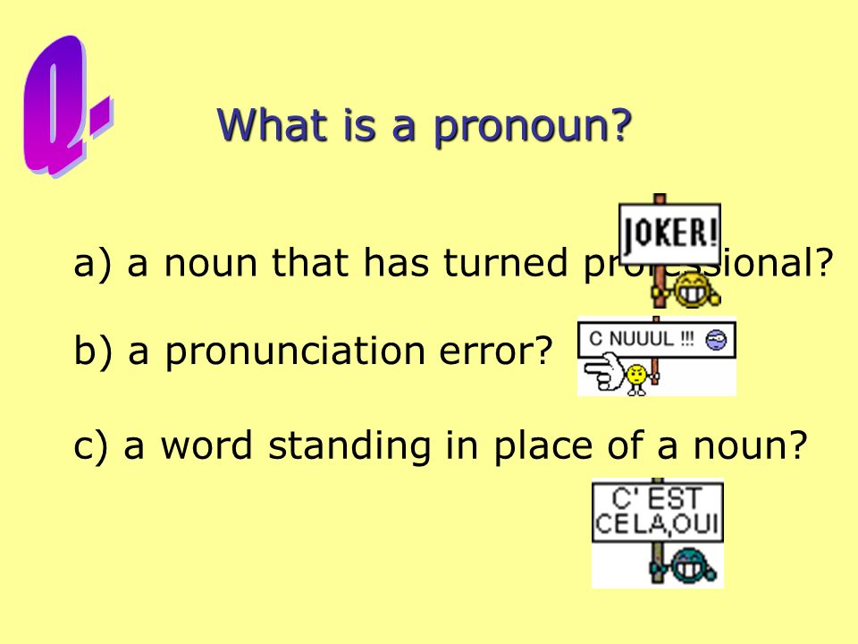Q. What is a pronoun a) a noun that has turned professional