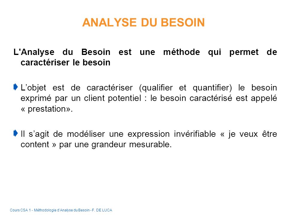 ANALYSE DU BESOIN L Analyse du Besoin est une méthode qui permet de caractériser le besoin.