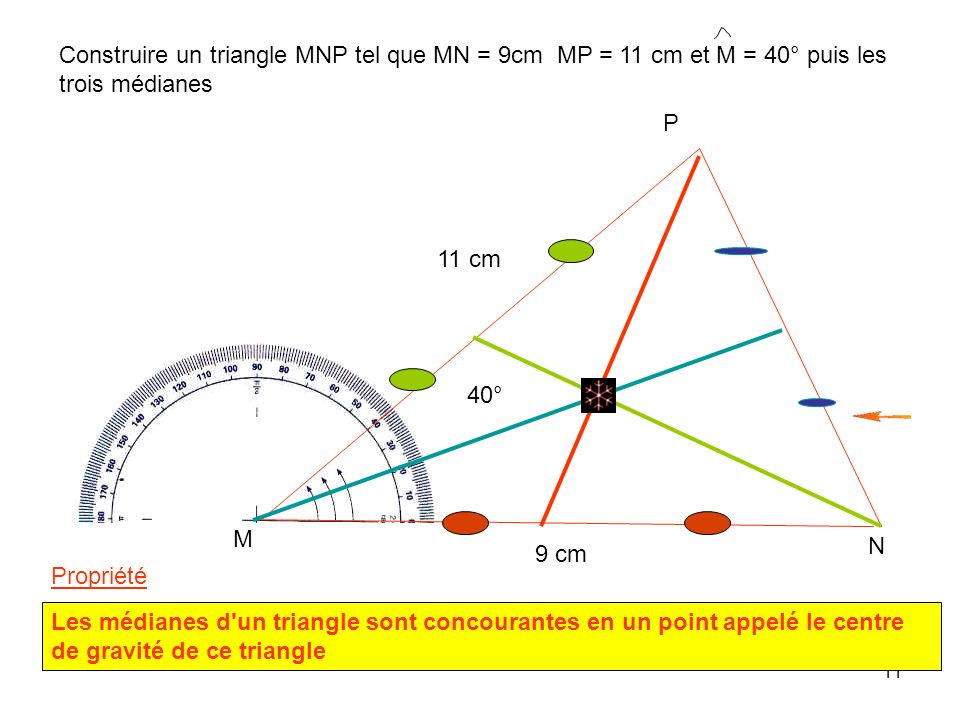 Construire un triangle MNP tel que MN = 9cm MP = 11 cm et M = 40° puis les trois médianes