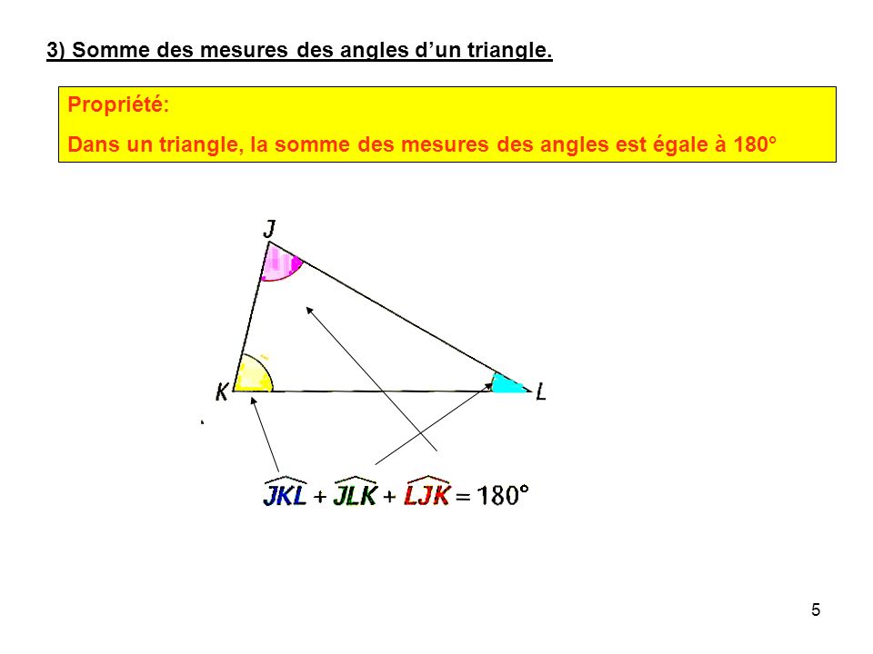 3) Somme des mesures des angles d’un triangle.
