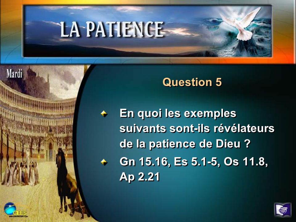 Question 5 En quoi les exemples suivants sont-ils révélateurs de la patience de Dieu .