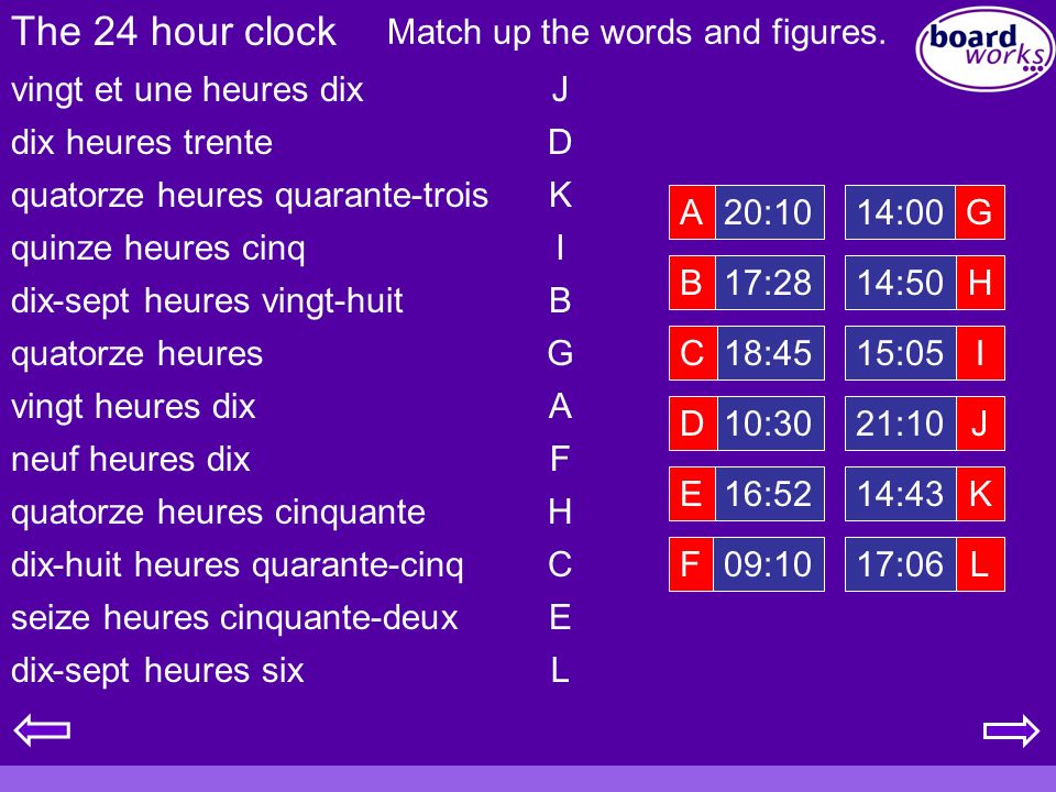 The 24 hour clock Match up the words and figures.