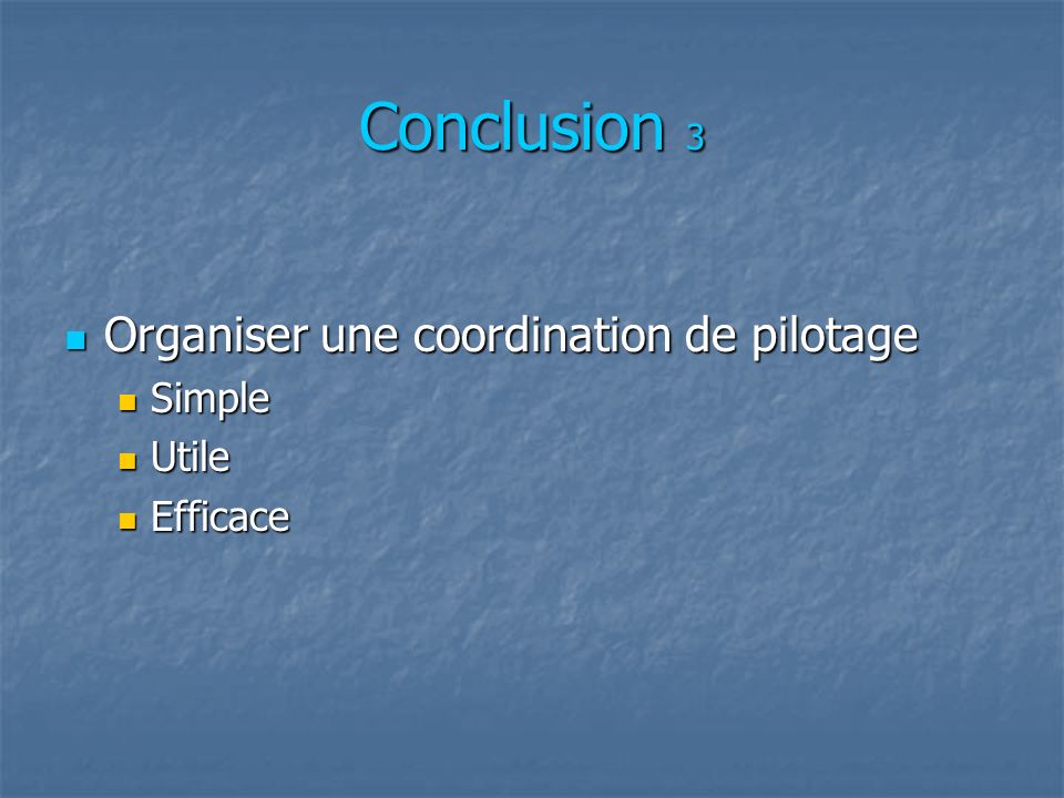 Conclusion 3 Organiser une coordination de pilotage Simple Utile