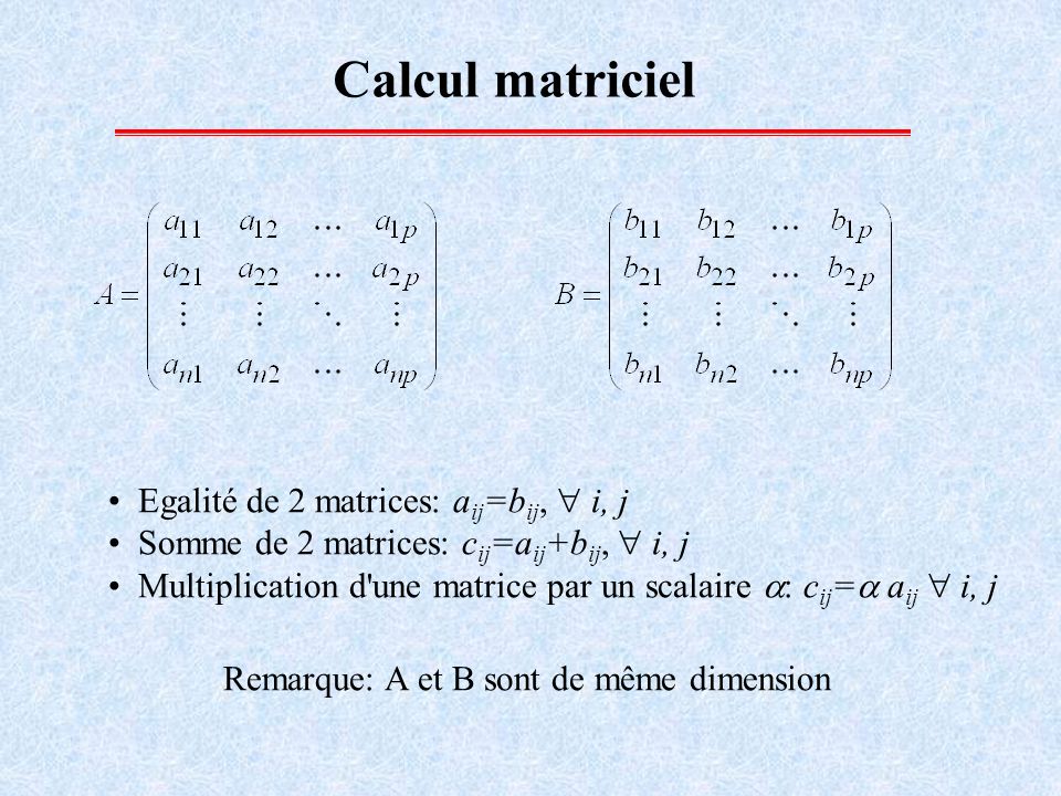 Calcul matriciel Egalité de 2 matrices: aij=bij,  i, j